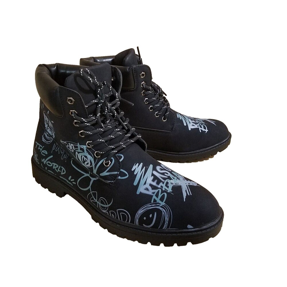 Reason Combat Boots Men’s 10.5 Black Graffiti Print Skull Flower Faux Suede